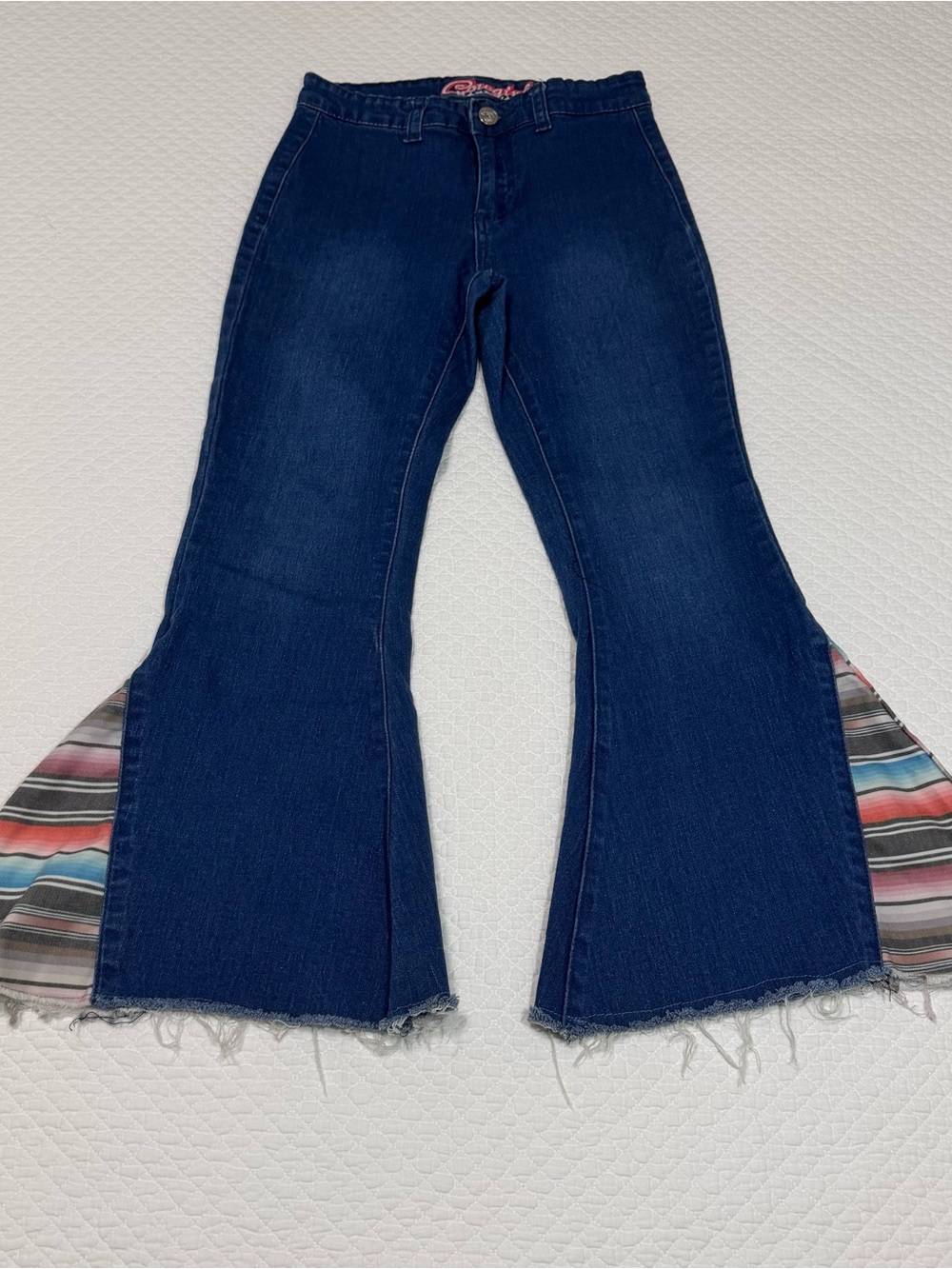 Girls Dark Blue Flare Jeans with Color-Block Hem Insets